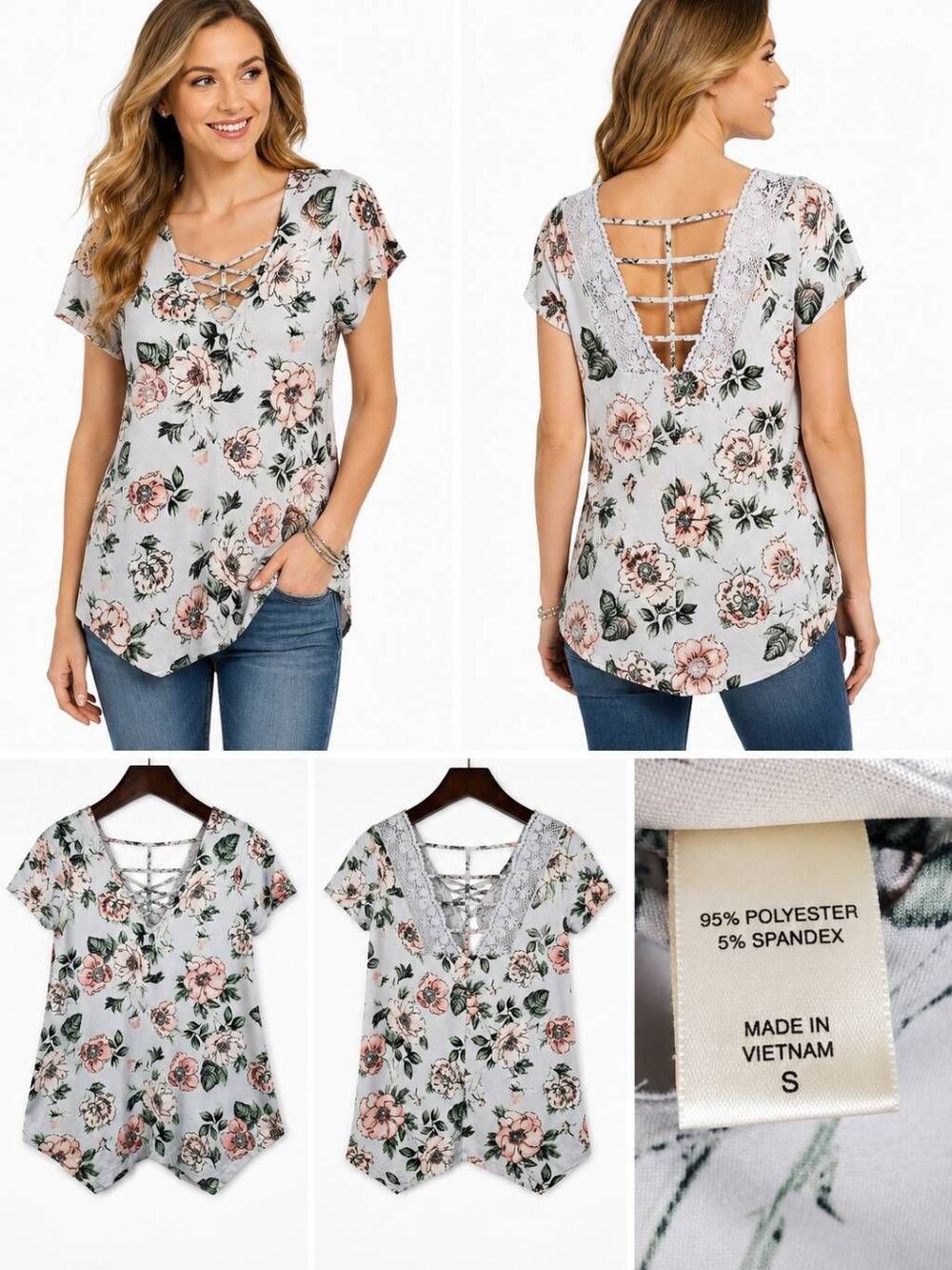 Daytrip Size Small Gray Floral SS Top
